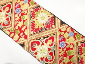 アンティーク　菱に華紋・梅・笹模様織り出し袋帯（着用可）